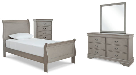 Kordasky Twin Sleigh Bed with Mirrored Dresser and Chest